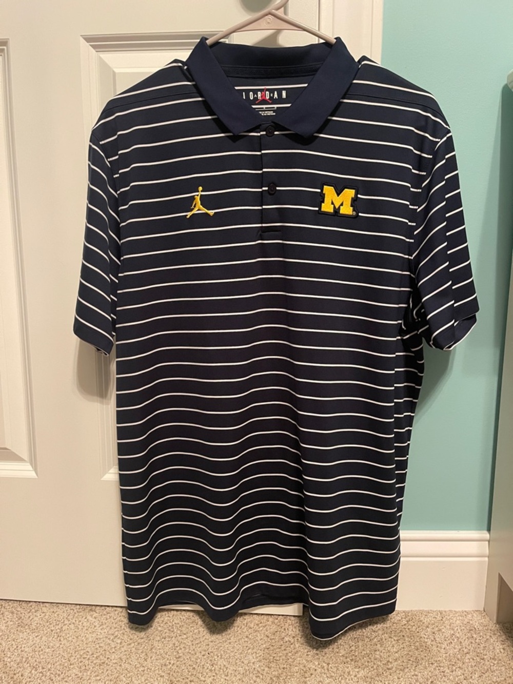 Jordan University of Michigan Navy Polo with White Stripes and Yellow 'M' Logo